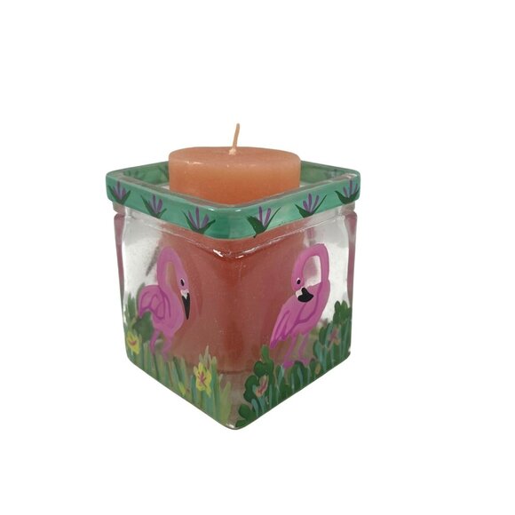 Votive Tea Candle Holder Square Pink Flamingo Tropical Heavy Hand Painted - Picture 4 of 7